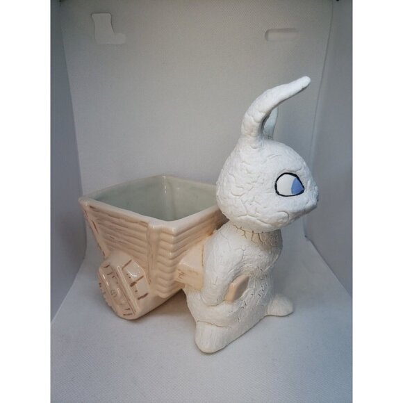 Vintage Planter Bunny Pulling Cart White Rabbit Ceramic Plant Accessory Easter - Picture 3 of 13